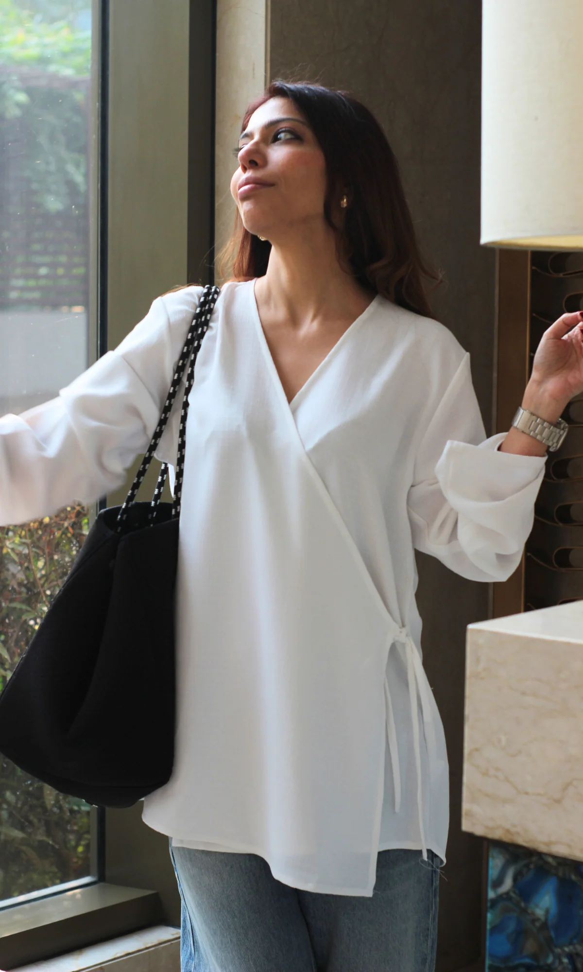 White Textured Tie Detail Kimono Top - Image 3