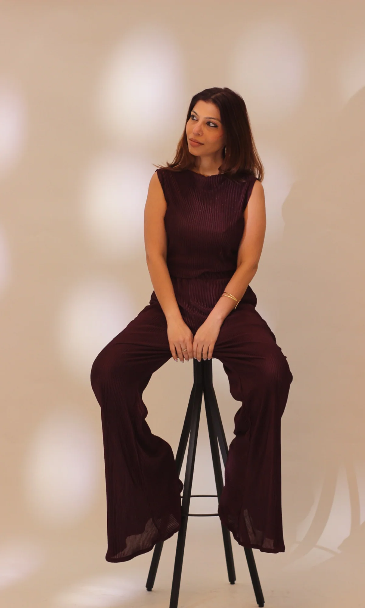 Wine Abstract Neck with Flared Pants - Image 5