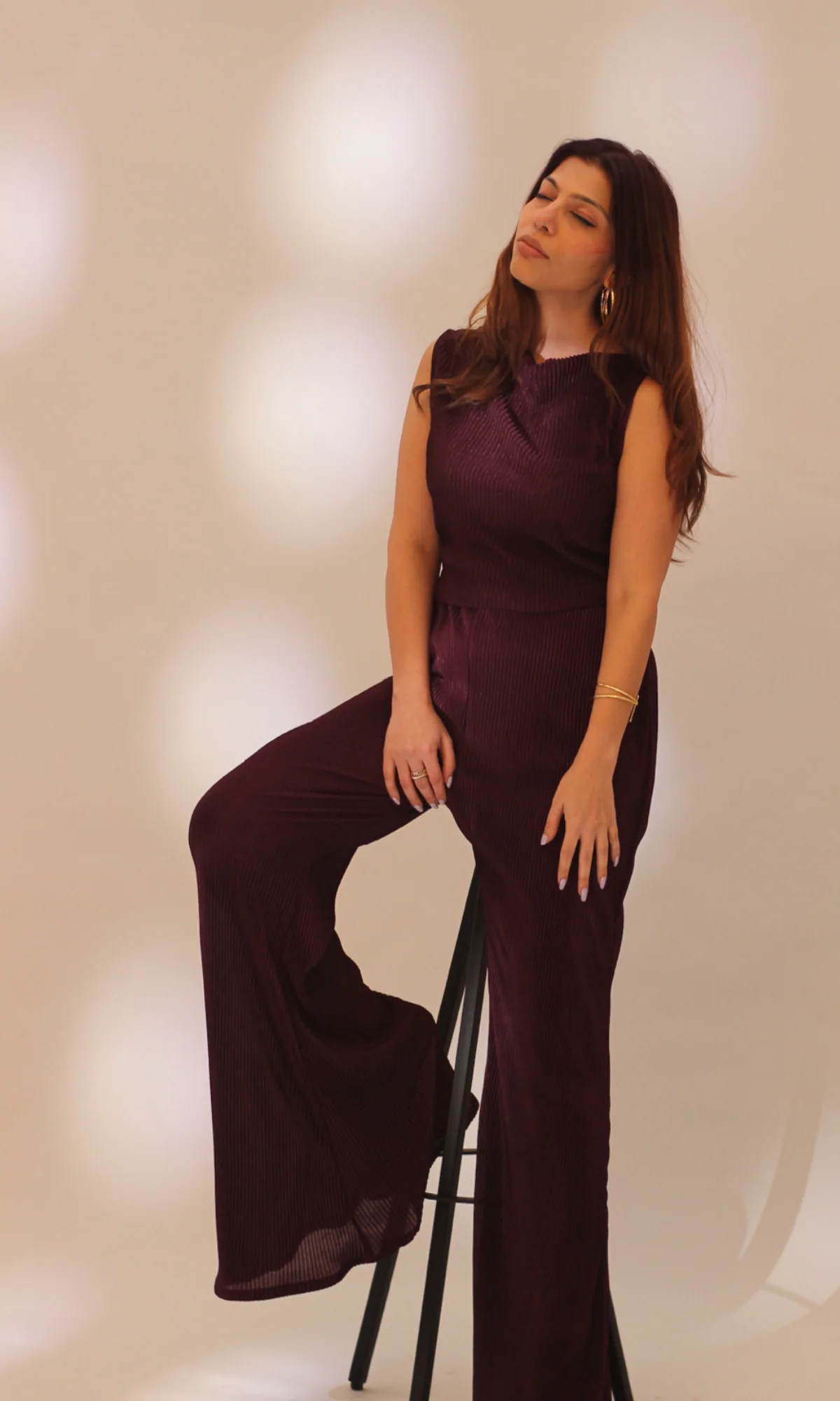 Wine Abstract Neck with Flared Pants - Image 7