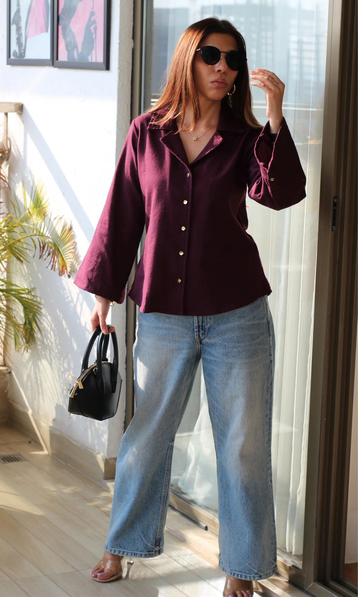 Wine Metallic Button Flared Sleeve Shirt - Image 2