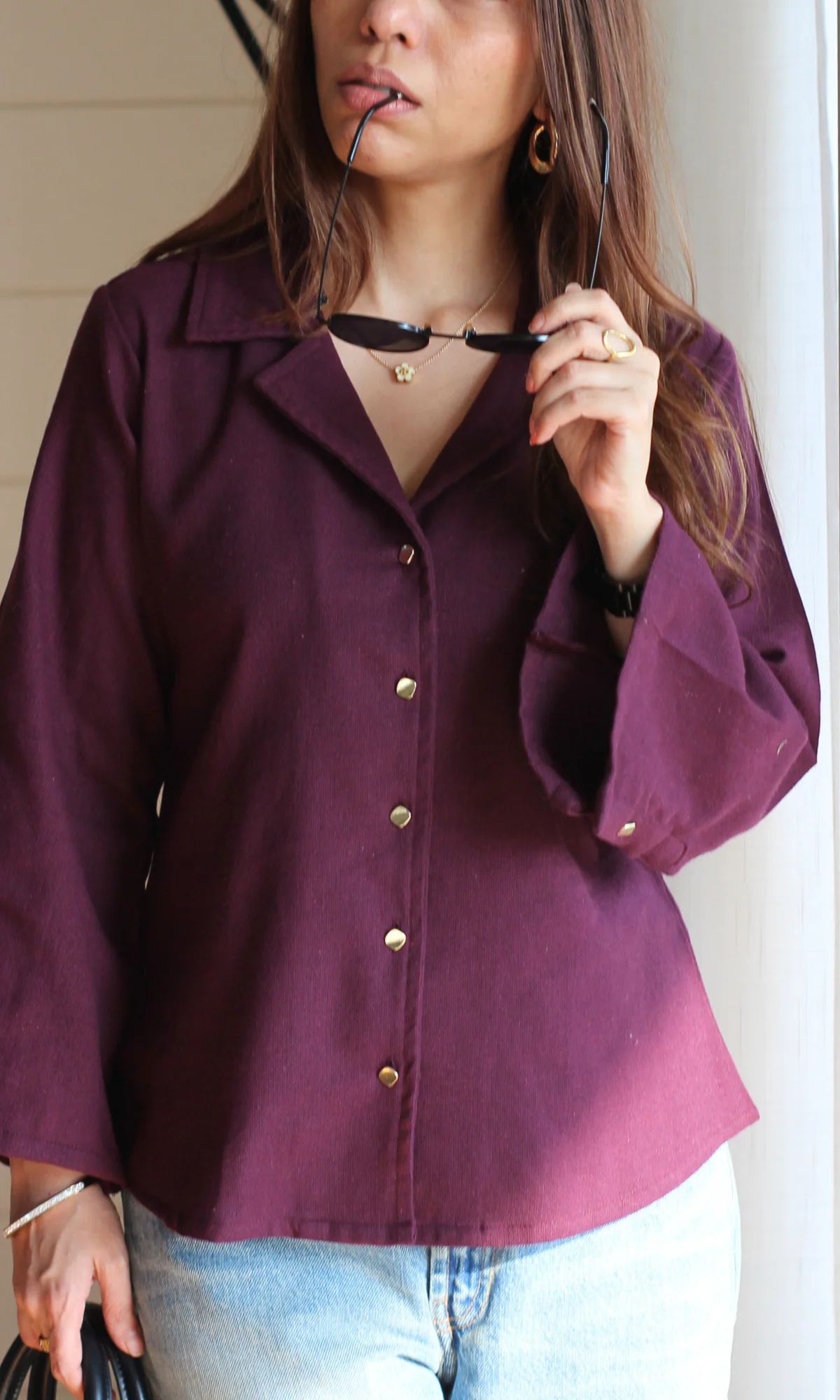 Wine Metallic Button Flared Sleeve Shirt - Image 3
