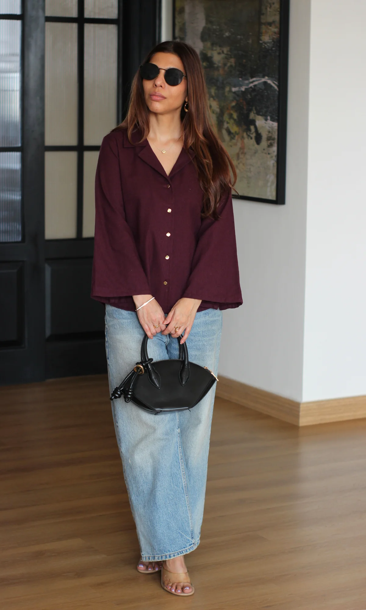 Wine Metallic Button Flared Sleeve Shirt - Image 4