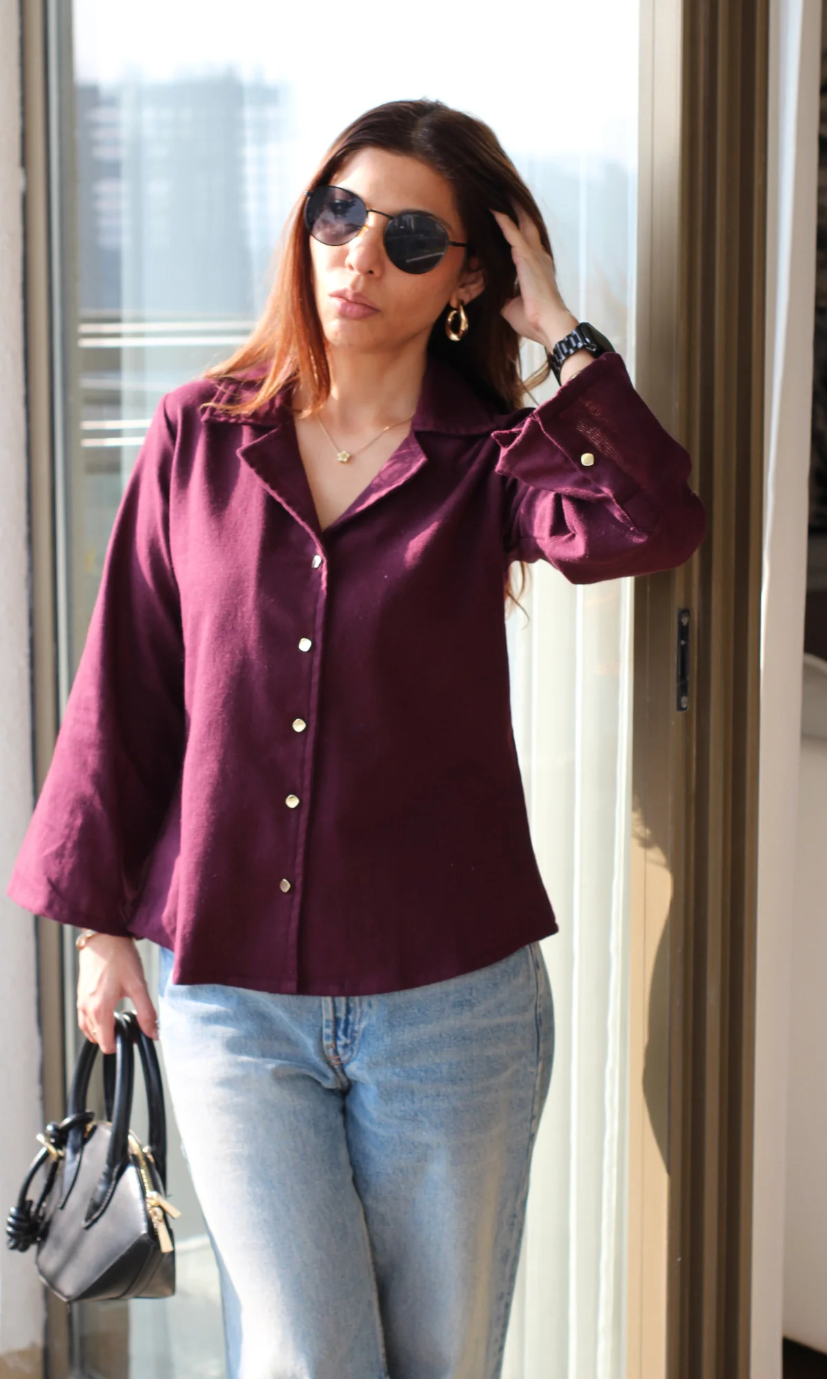 Wine Metallic Button Flared Sleeve Shirt - Image 5