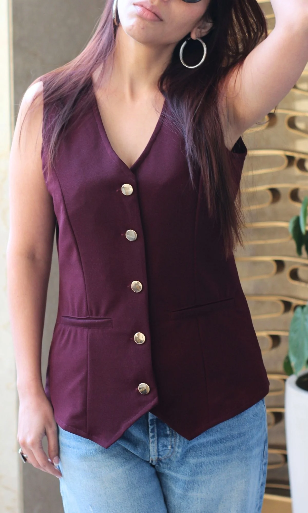 Wine Metallic Buttoned Waist Coat - Image 3