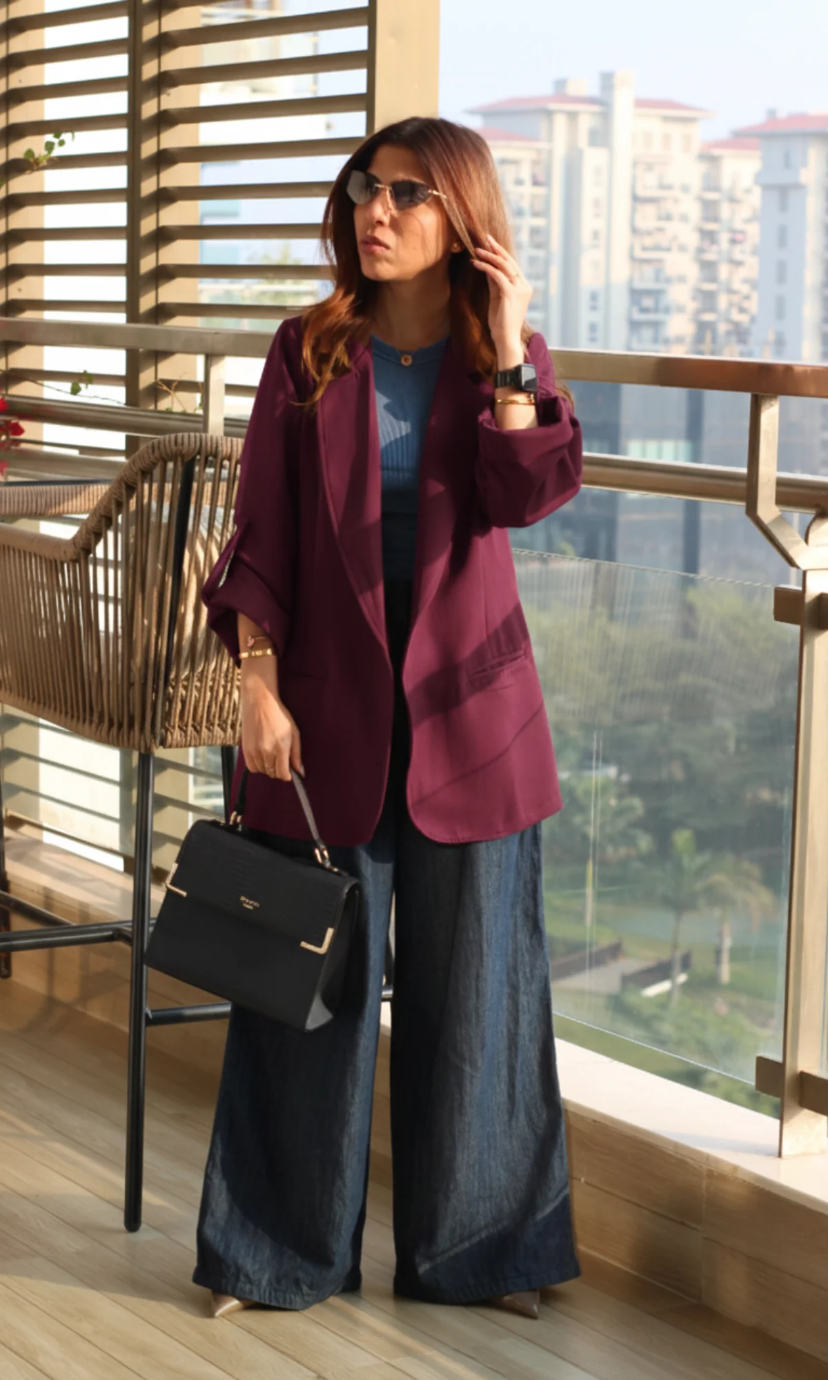 Wine Rolled-Up Sleeve Blazer Jacket - Image 2