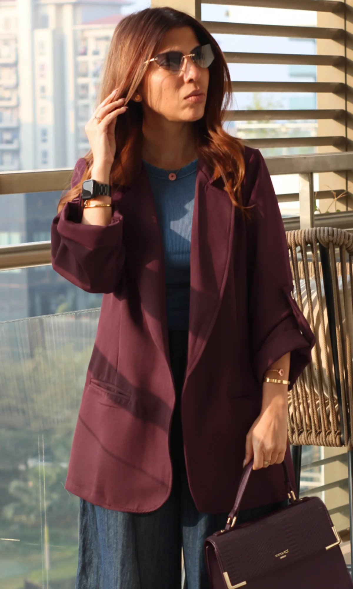 Wine Rolled-Up Sleeve Blazer Jacket - Image 3