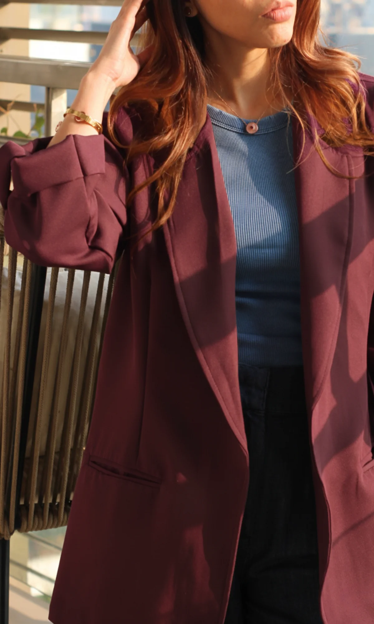 Wine Rolled-Up Sleeve Blazer Jacket - Image 4