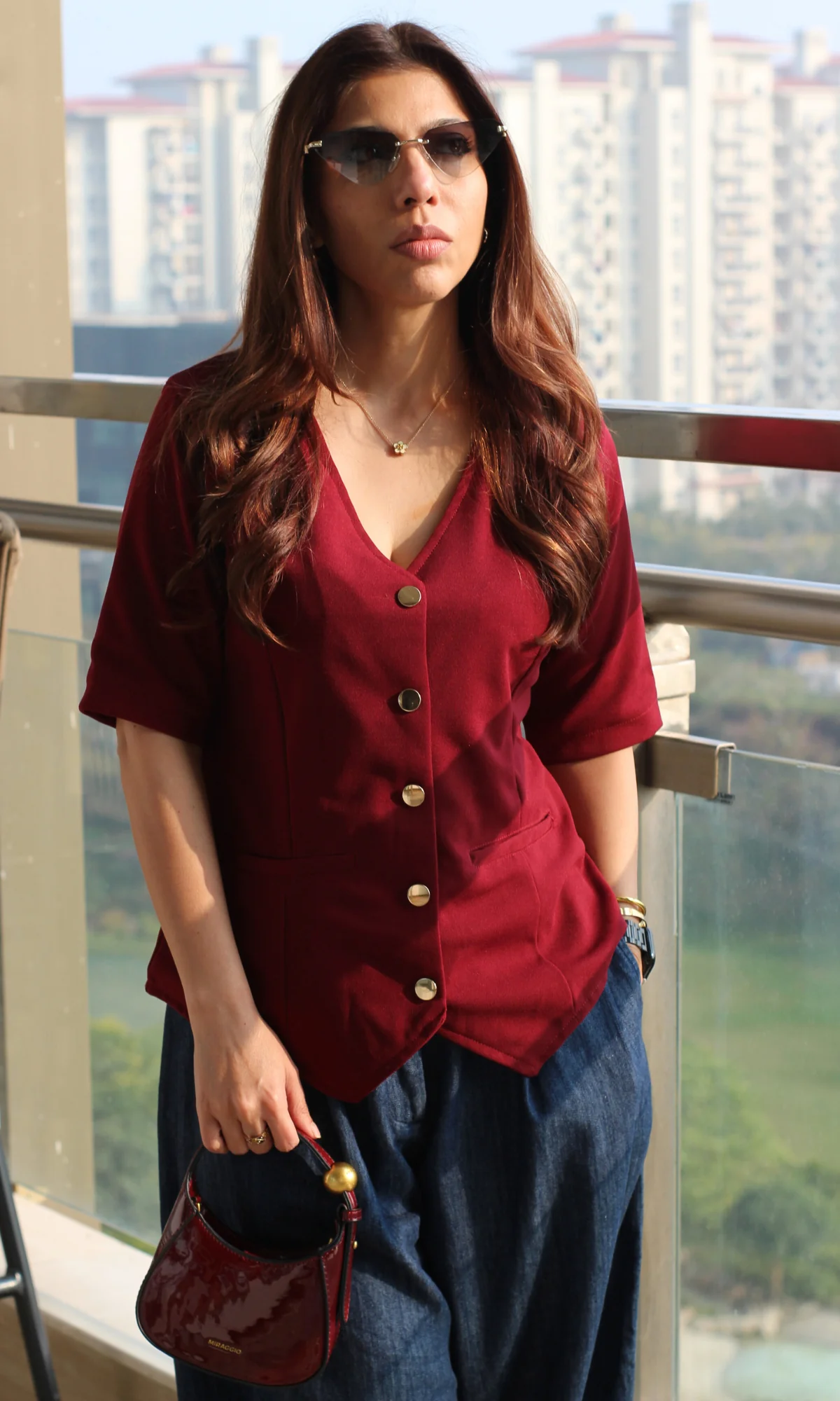 Wine Sleeved Metallic Buttoned Waist Coat - Image 3