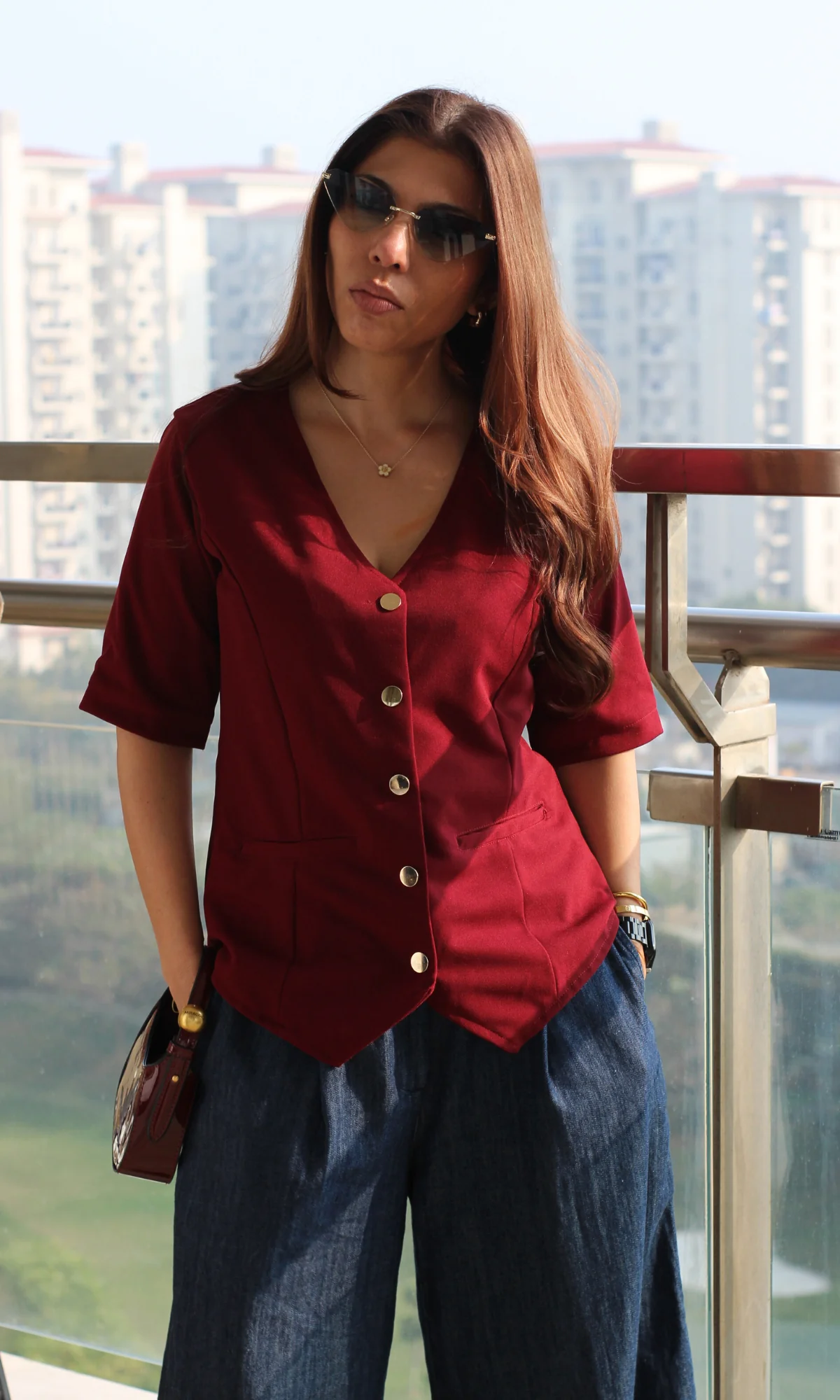 Wine Sleeved Metallic Buttoned Waist Coat - Image 4