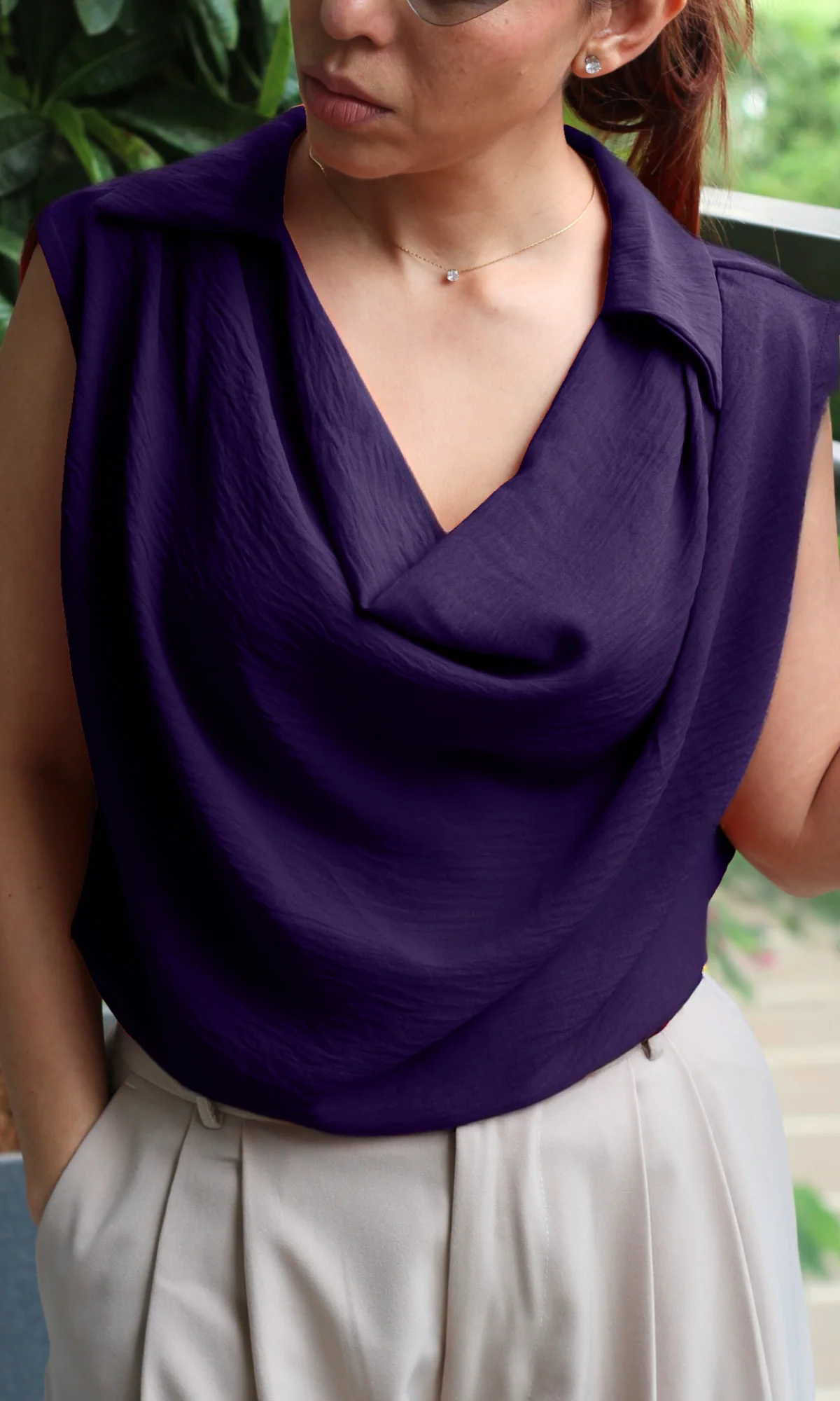 Wineberry Collared Cowl Neck Top